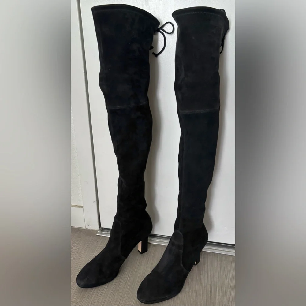 Stuart Weitzman Highland Boots Platform Heeled Over Knee in Black Suede Size 8